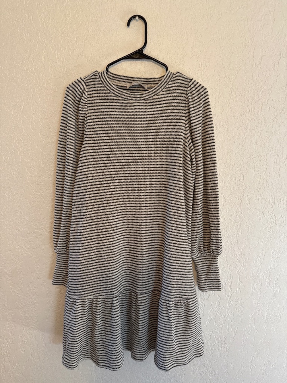 LOFT Striped Flounce Swing Dress Black White Long Sleeve Size S